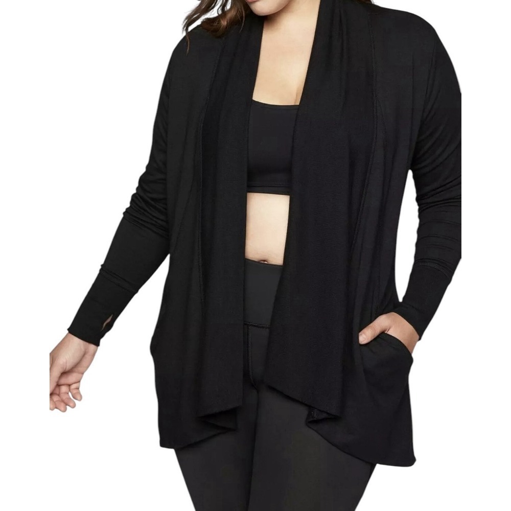 Athleta Cardigan Womens Large Black Pranayama Wrap Modal Nirvana Pockets Stretch